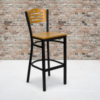 Flash Furniture Hercules Series Black Slat Back Metal Restaurant Bar Stool with Natural Wood Back and Seat XU-DG-6H3B-SLAT-BAR-NATW-GG